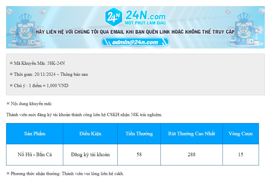 Đăng Ký 24n nhận Code Trải Nghiệm 58k